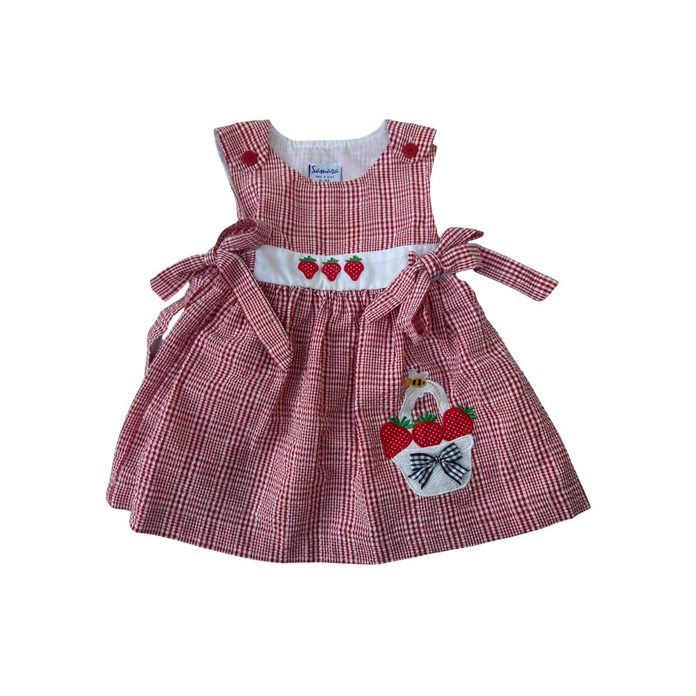 Samara Girls Red Gingham Strawberry Seersucker Dress Toddler 3T Picnic Summer